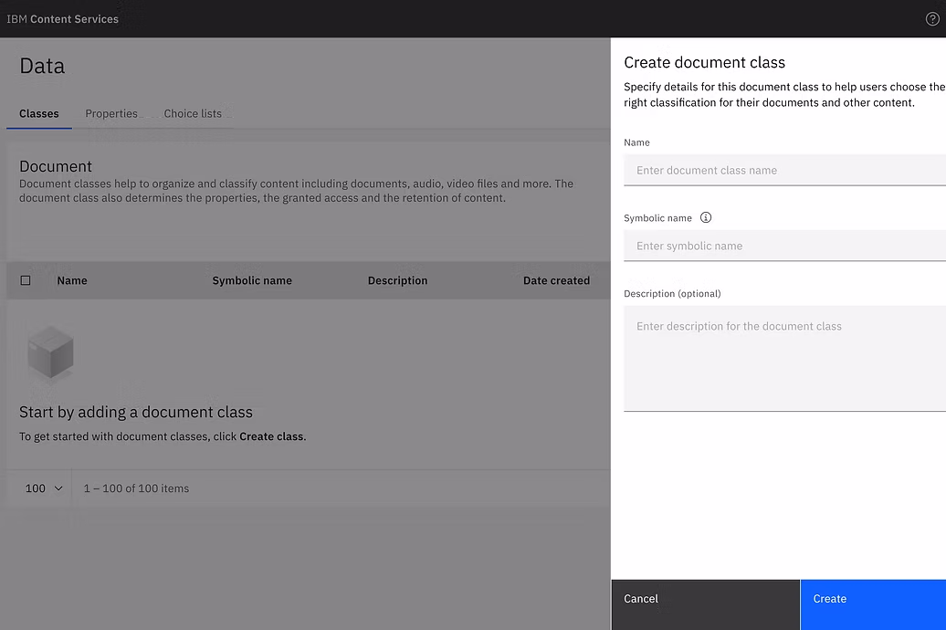 Document class creation in Content Services