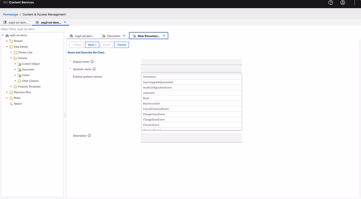 Document class creation in FileNet