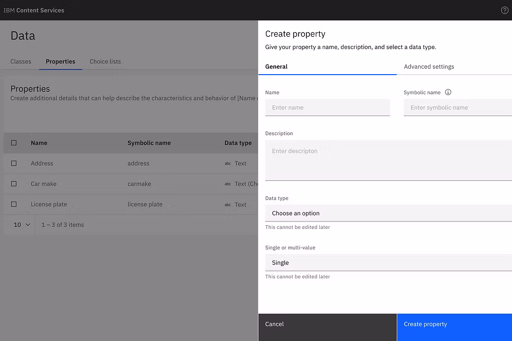 Creating a property in Content Services