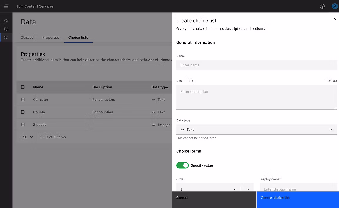 Creating a choice list in Content Services