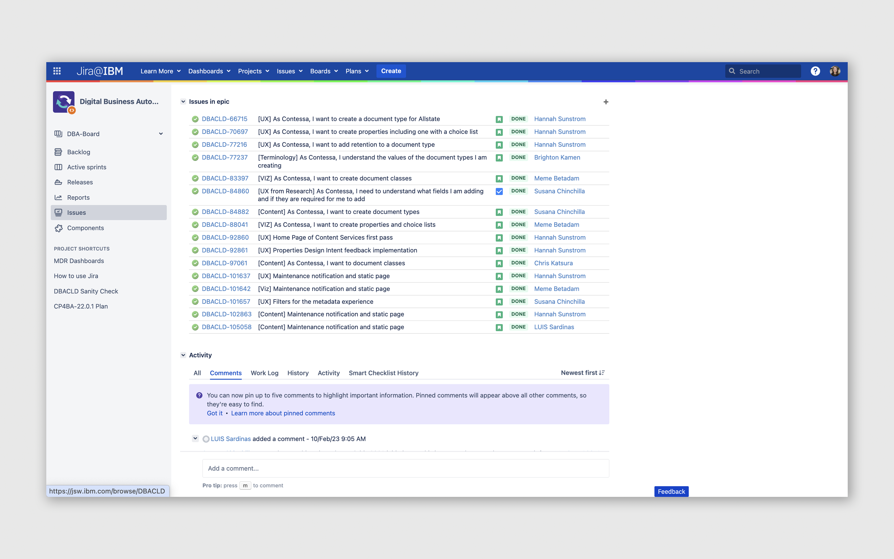 Jira tracking board